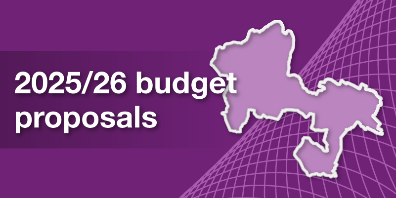 Purple graphic with map of the Royal Borough of Windsor and Maidenhead. 2025/26 budget proposals